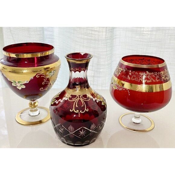 Vtg Bohemian Czech 24K Gold Cranberry Ruby Red Brandy Candy Dish Decanter 3 Set - Picture 2 of 3